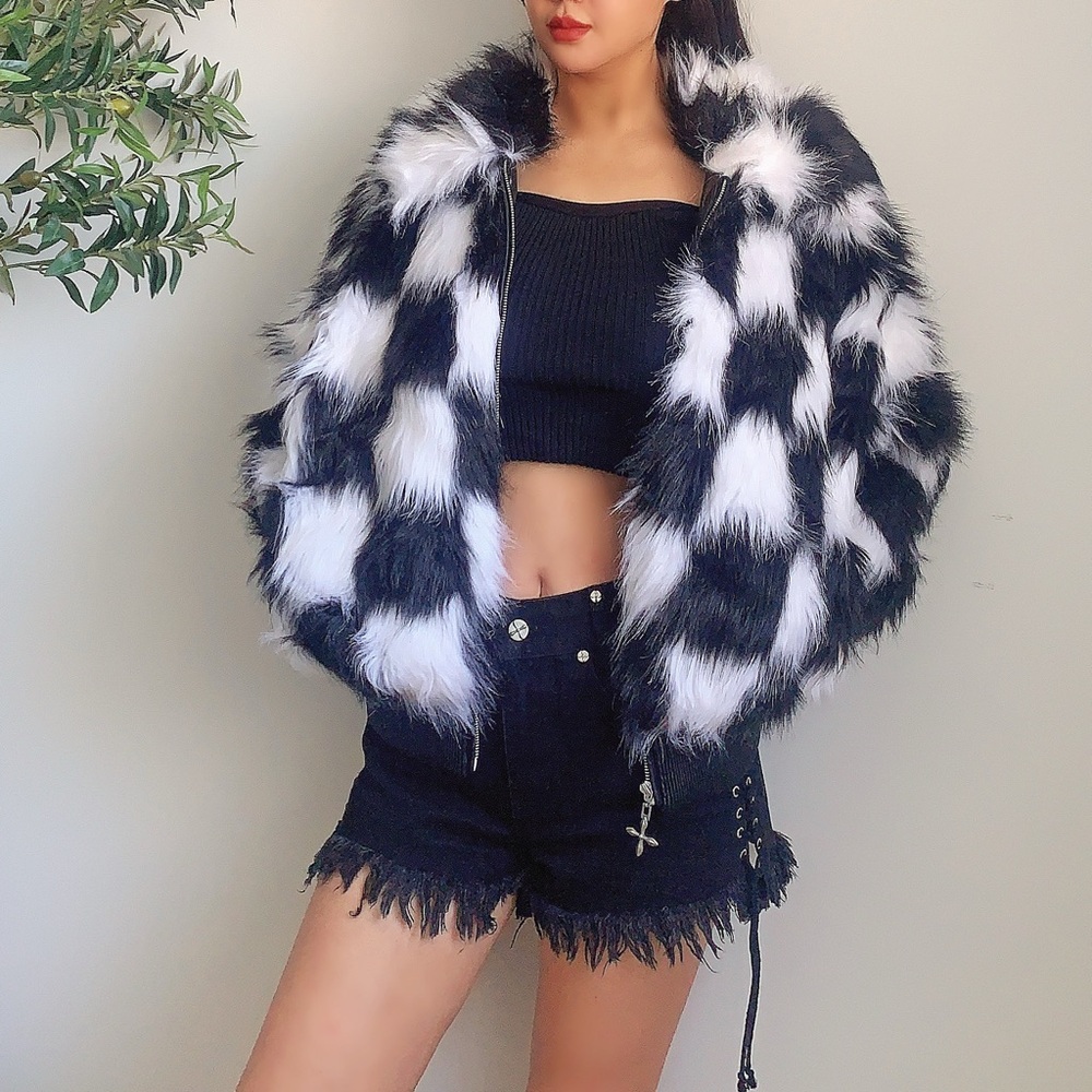 SMFK Faux Fur Jacket Black White Checkerboard | Oversized M–L